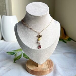 Bee Necklace, White Honey Amber Yellow Jade, Garnet Teardrop Fun Necklace